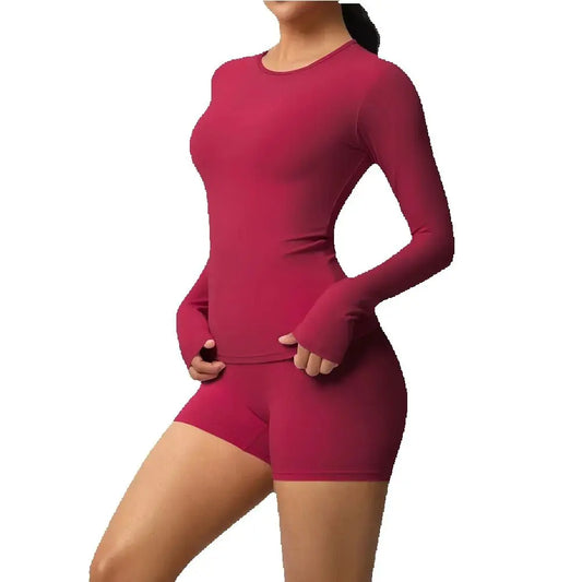 2 Piece Yoga Set, Long Sleeved Top & High Waisted Shorts