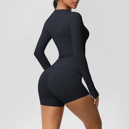 2 Piece Yoga Set, Long Sleeved Top & High Waisted Shorts